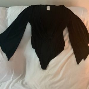 Black Front Wrap Bodysuit Shirt